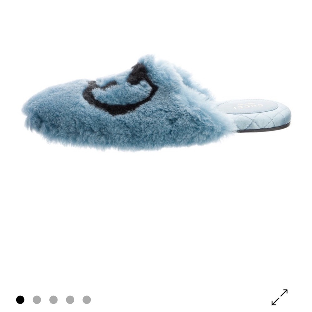 Gucci Blue Fur Slippers with Black Logo - Picture 2 of 5